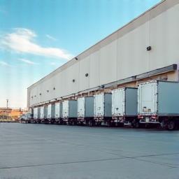 Logistics trucks outside a warehouse facility.